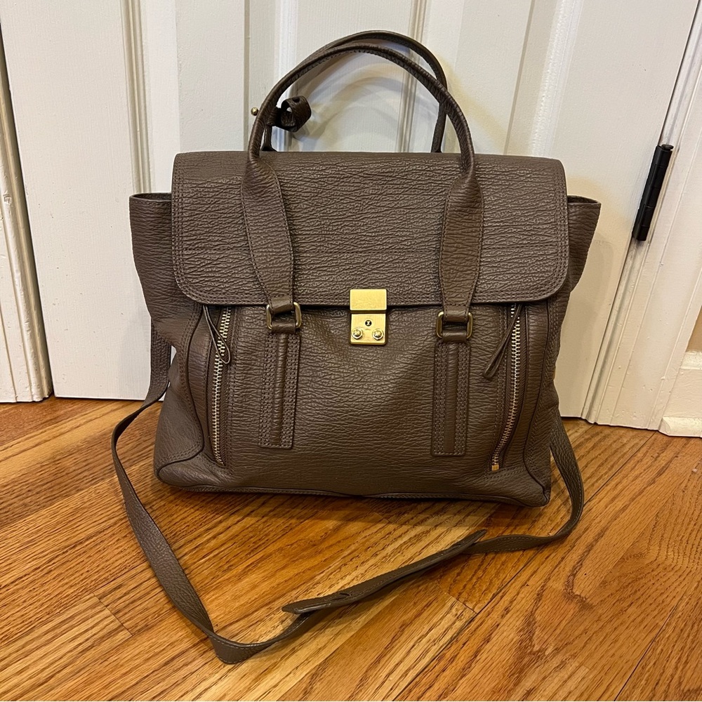 3.1 PHILLIP LIM Brown Taupe Shark Embossed Leather Large Pashli Satchel Bag